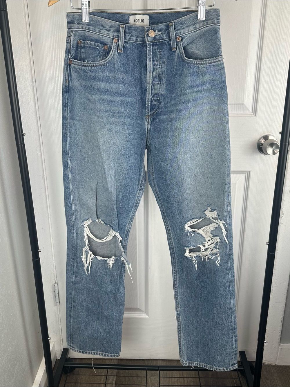 Agolde 90s Pinch Waist Distressed Blue Jeans Women Size 27 High Waist Button Fly